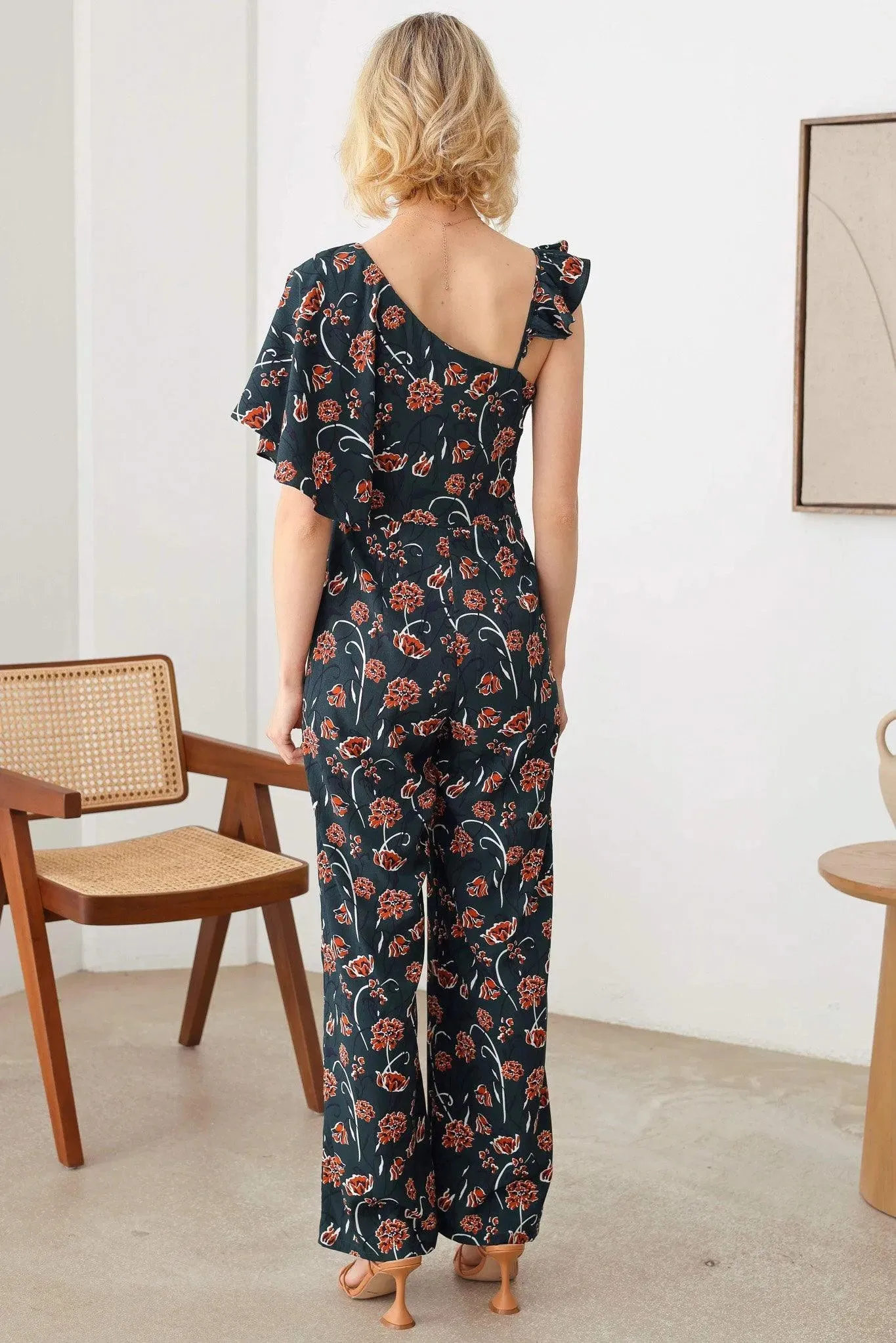 Floral Short Ruffle Sleeve Ruffle Strap Wide Leg Side Zipper Jumpsuit