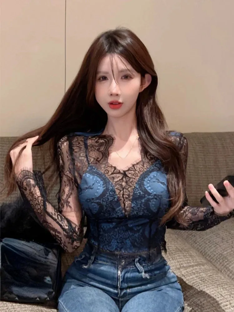 Girlary 2024 Blusas Mujer De Moda Sexy Lace Blouses for Women V Neck Long Sleeve Shirts Crop Tops Temperament Korean Chic Vintage Blouse