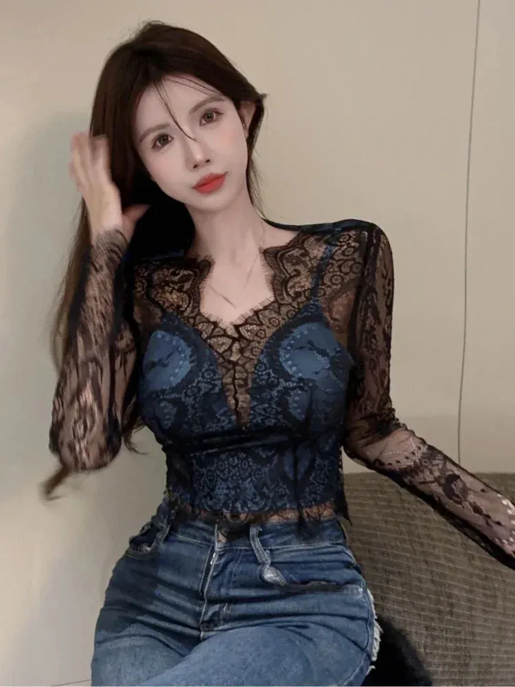 Girlary 2024 Blusas Mujer De Moda Sexy Lace Blouses for Women V Neck Long Sleeve Shirts Crop Tops Temperament Korean Chic Vintage Blouse