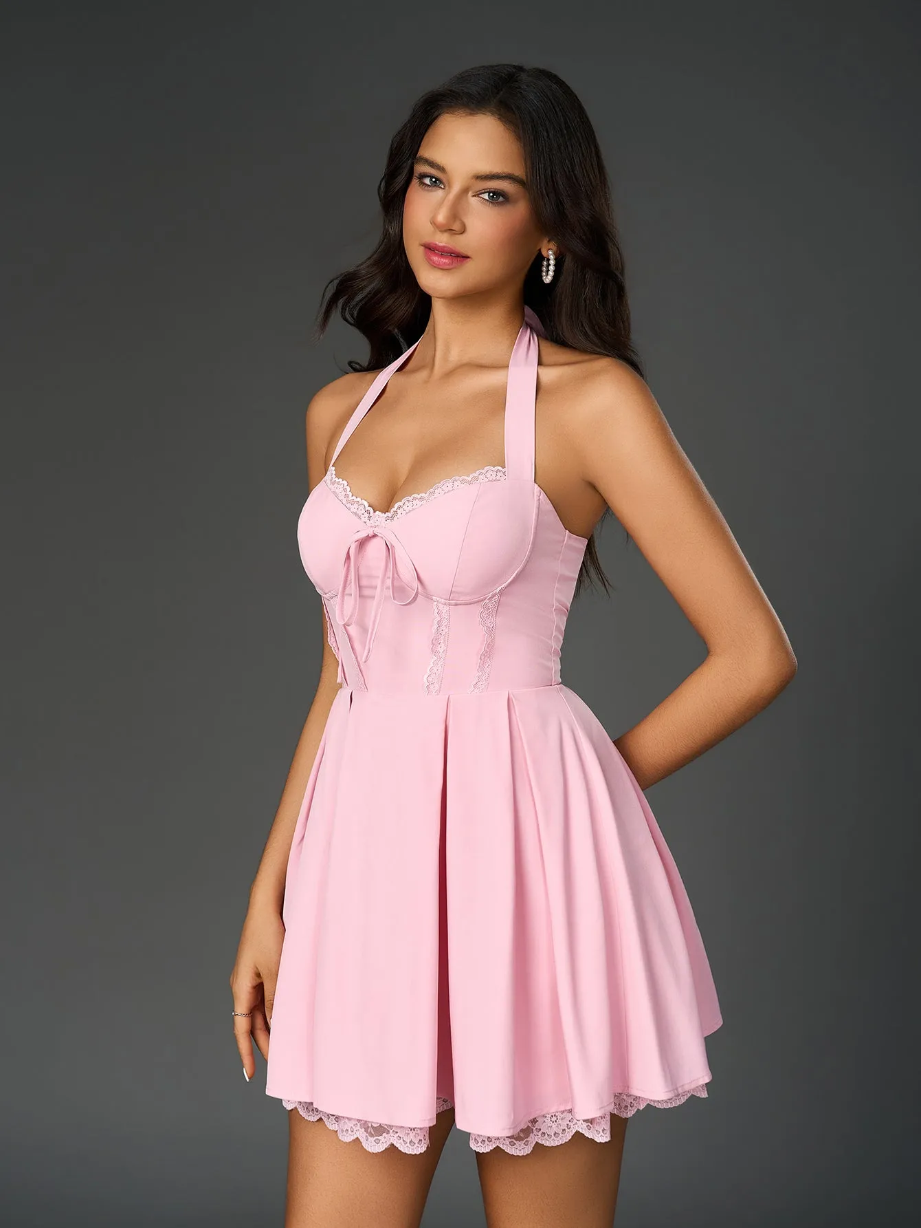 Halter Tie Front Lace Trim Bodycon Dress