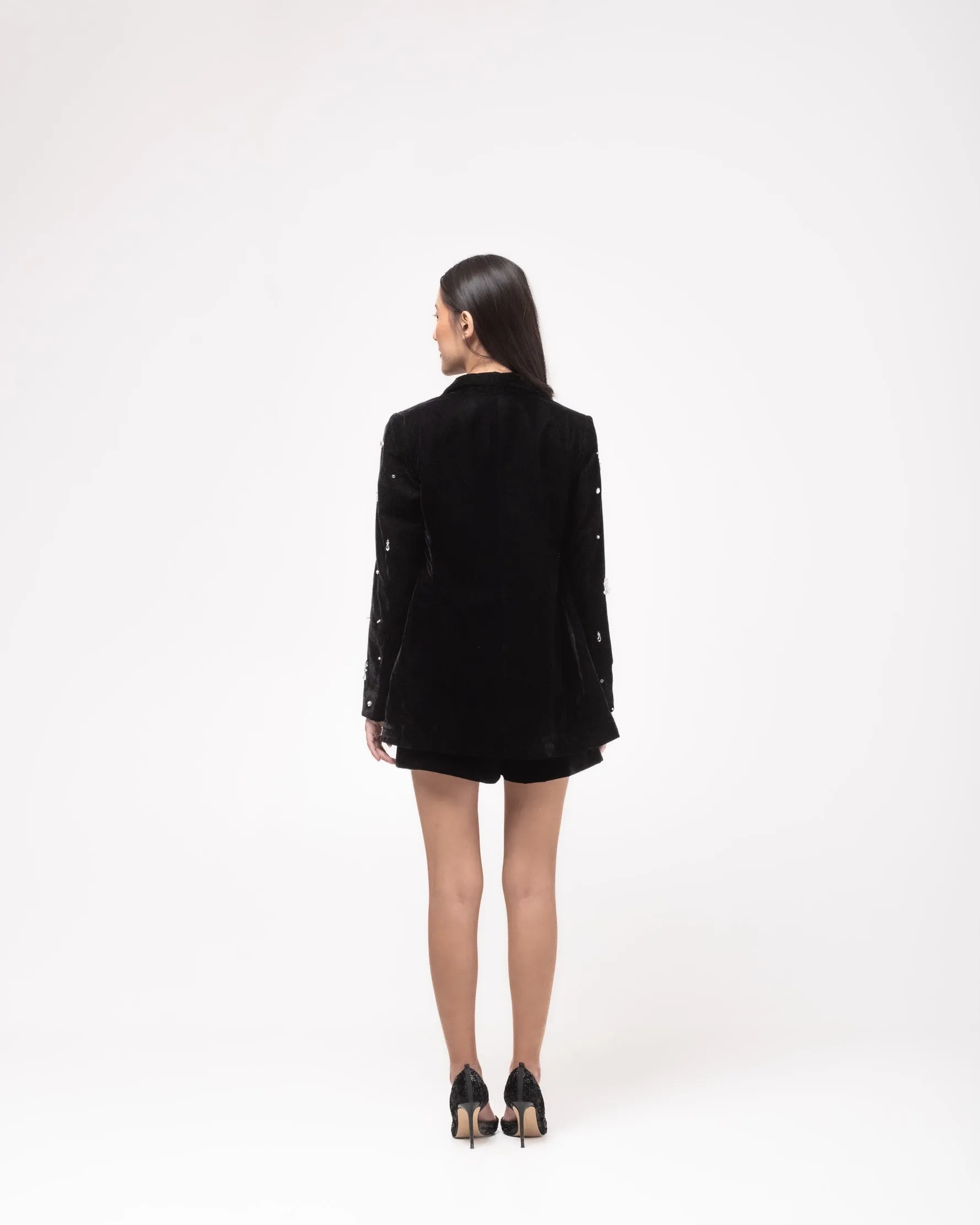 High-waisted silk velvet embellished shorts