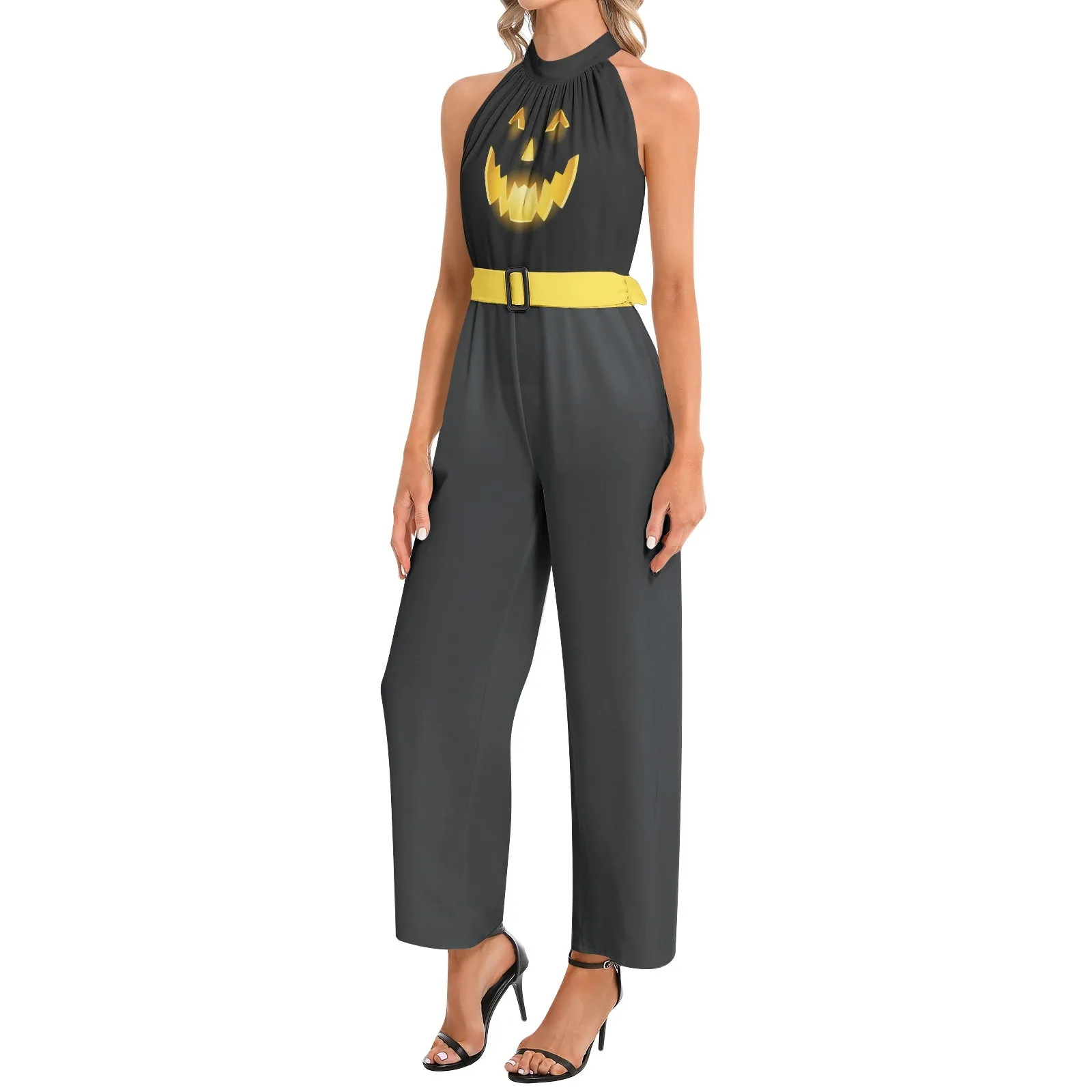 Jack O Lantern Halter Neck Buckle Belted Jumpsuit