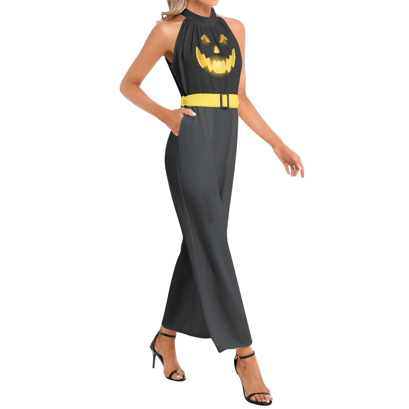 Jack O Lantern Halter Neck Buckle Belted Jumpsuit