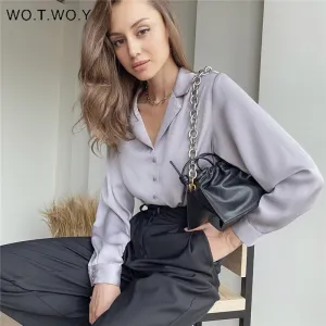 Joskaa Christmas Gift WOTWOY Spring Solid Button Up Silk Blouse Women V-Neck Long Sleeve Satin Blouse Shirt Women Office Lady White Street Shirts 2024