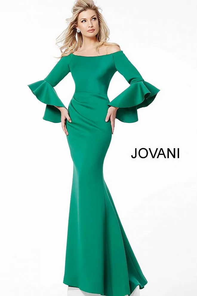 Jovani 59993 Scuba Off the Shoulder Bell Sleeves Evening Dress Formal Long Sleeve