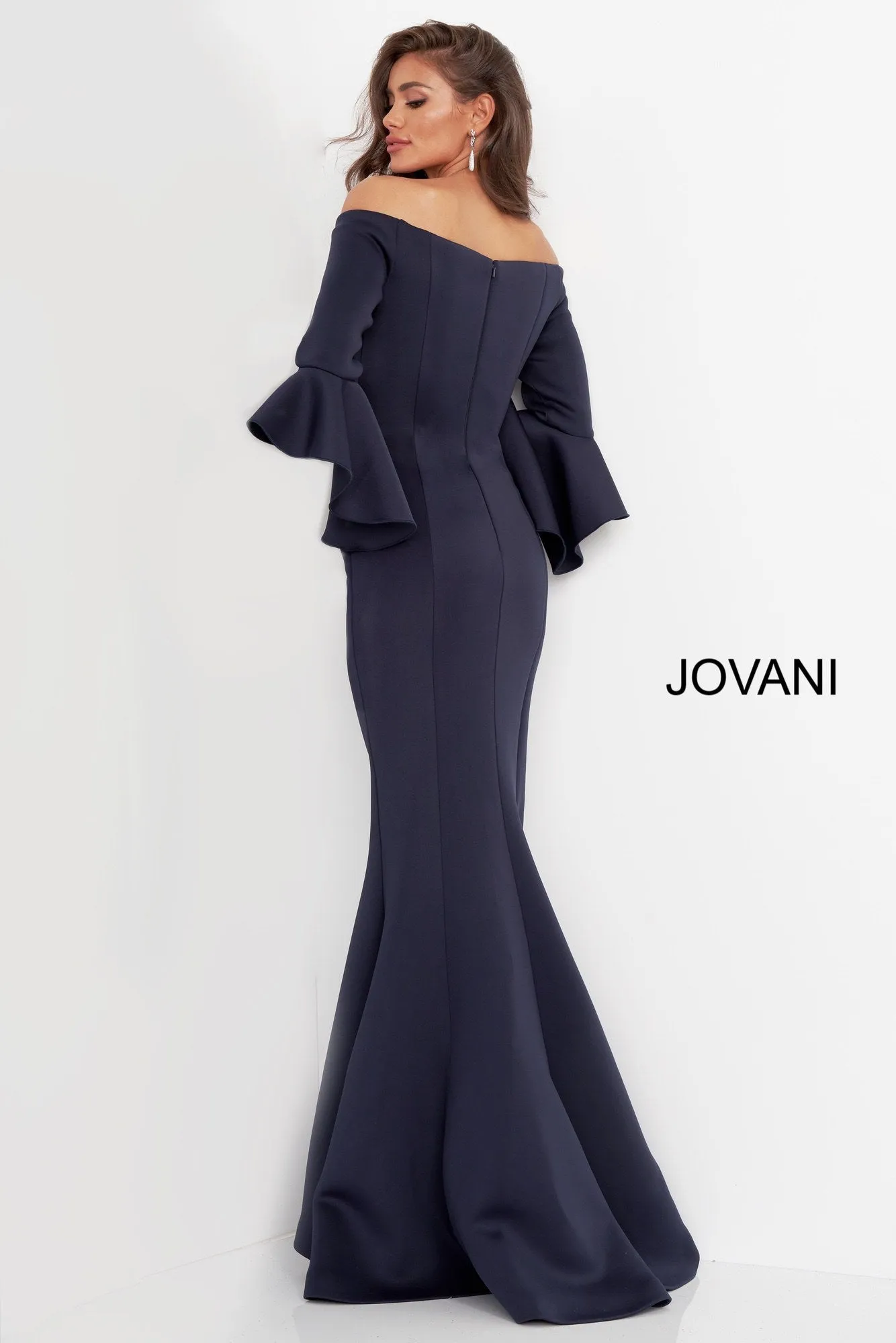 Jovani 59993 Scuba Off the Shoulder Bell Sleeves Evening Dress Formal Long Sleeve