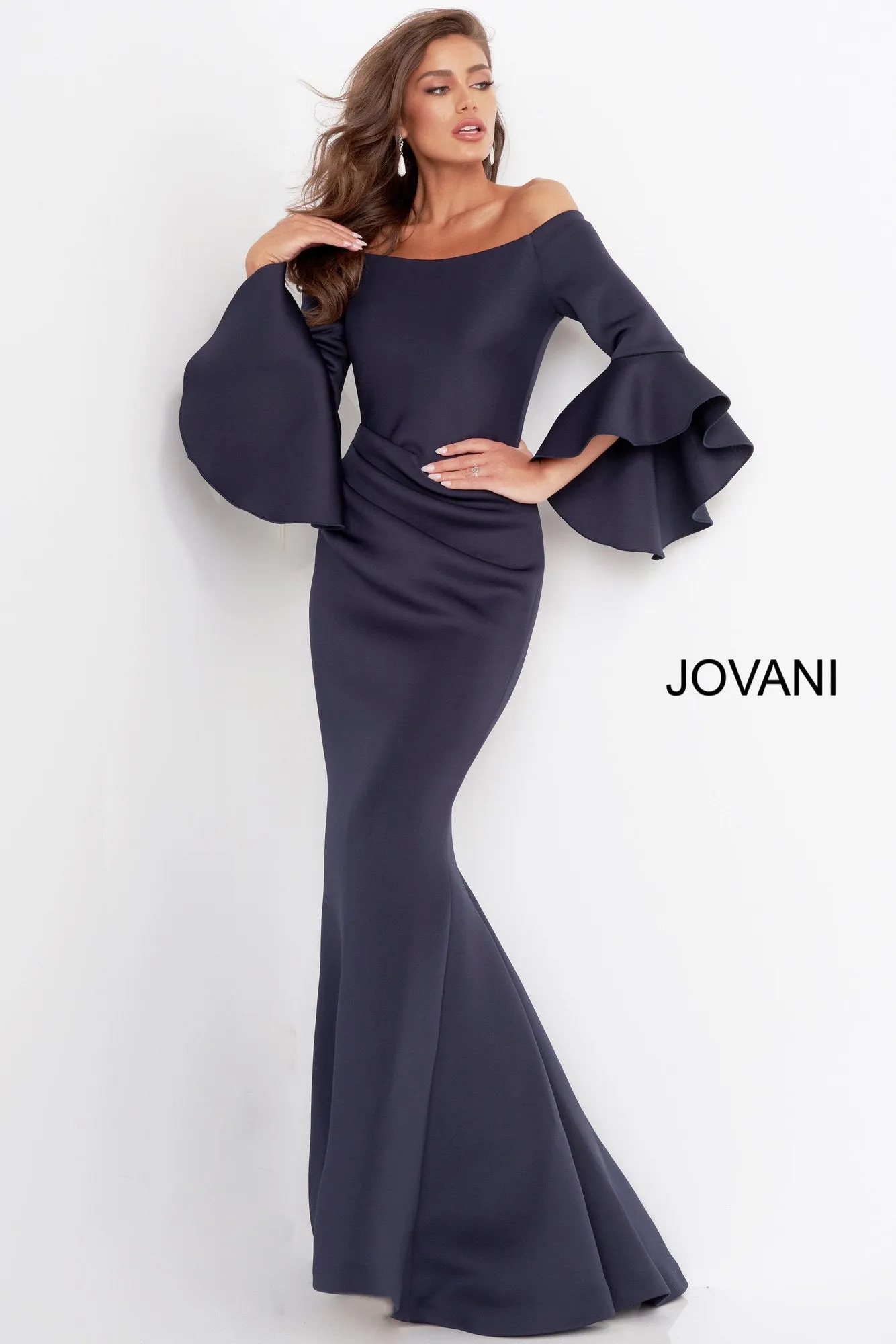 Jovani 59993 Scuba Off the Shoulder Bell Sleeves Evening Dress Formal Long Sleeve