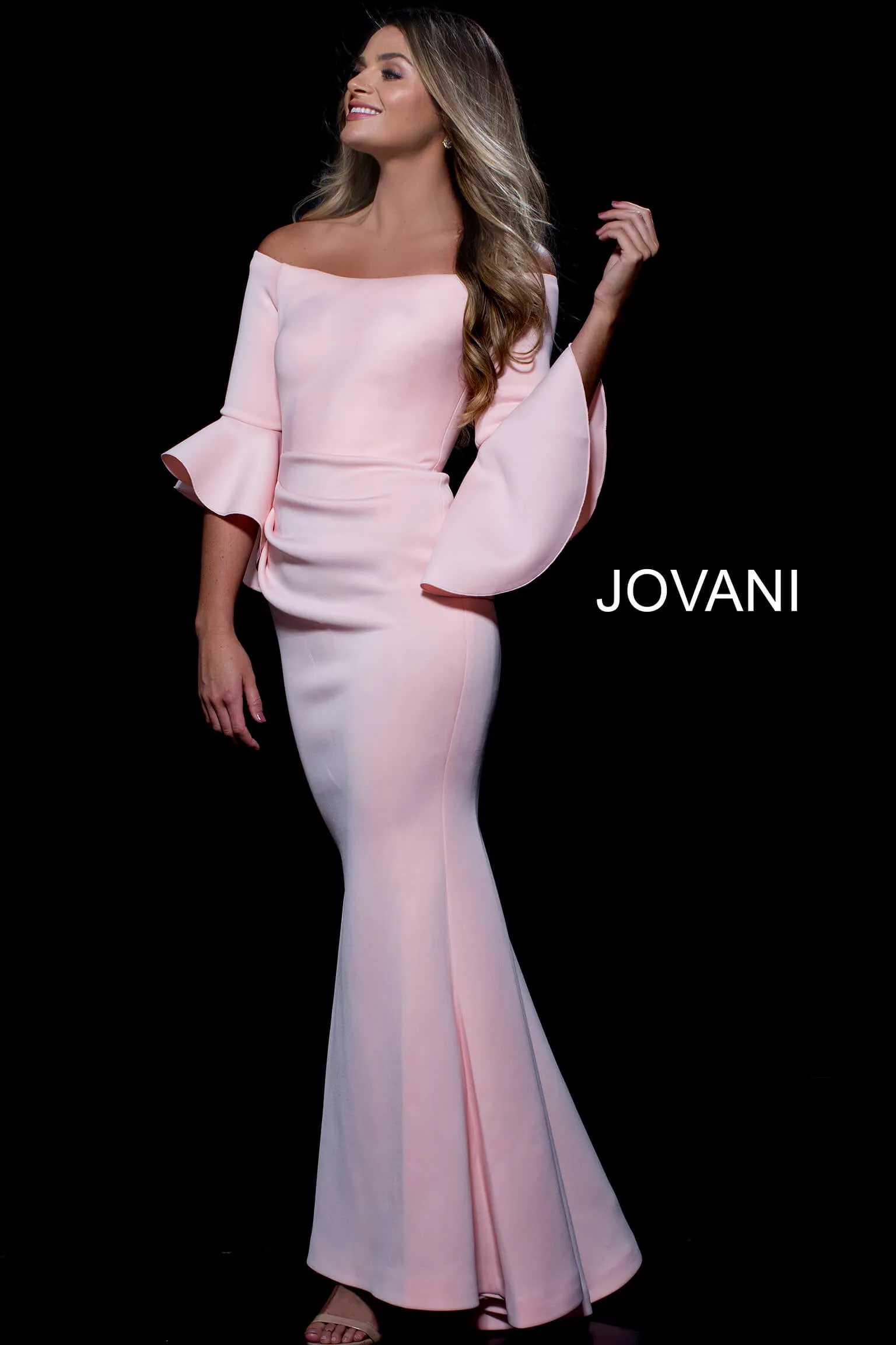 Jovani 59993 Scuba Off the Shoulder Bell Sleeves Evening Dress Formal Long Sleeve
