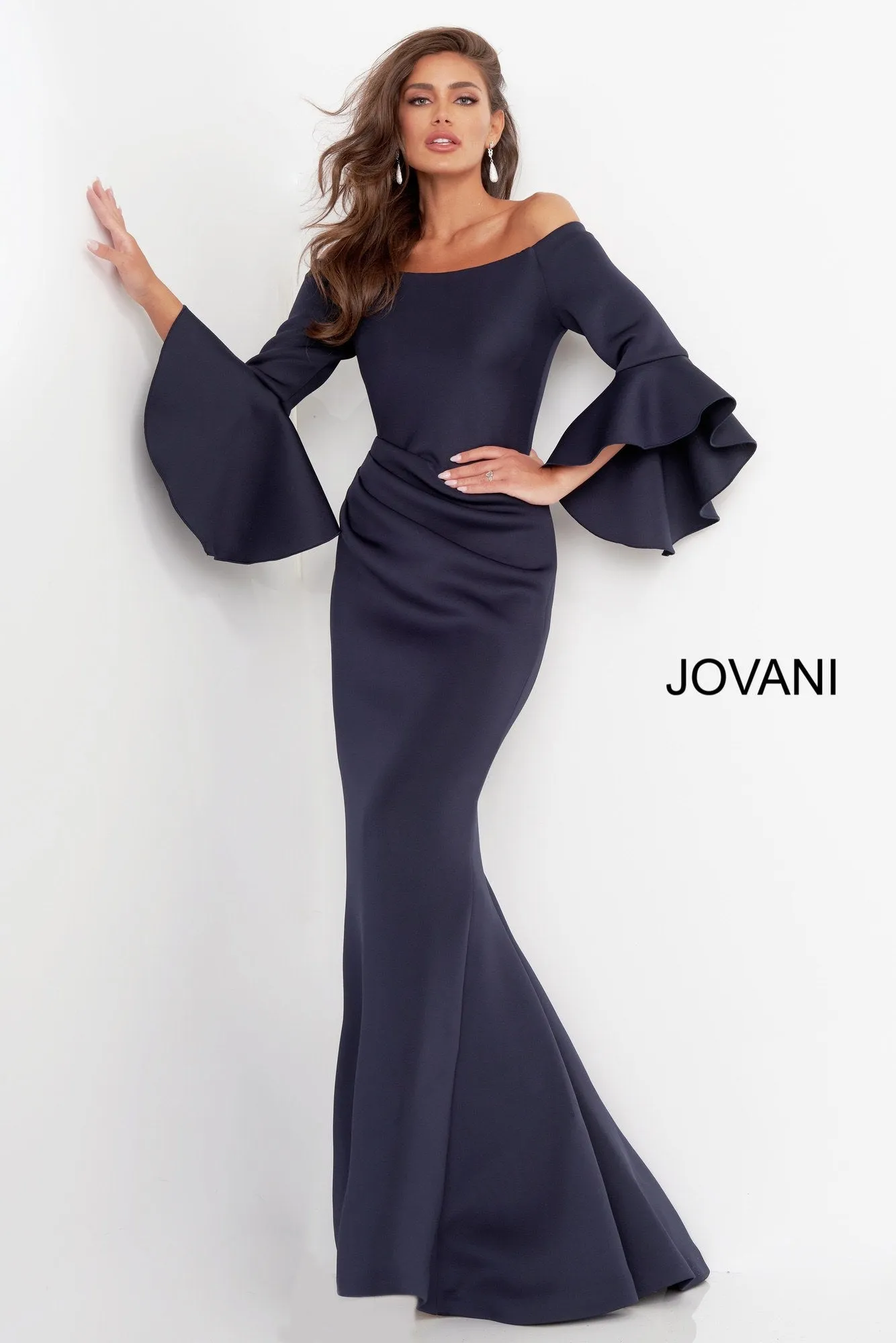 Jovani 59993 Scuba Off the Shoulder Bell Sleeves Evening Dress Formal Long Sleeve