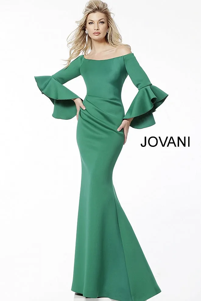 Jovani 59993 Scuba Off the Shoulder Bell Sleeves Evening Dress Formal Long Sleeve