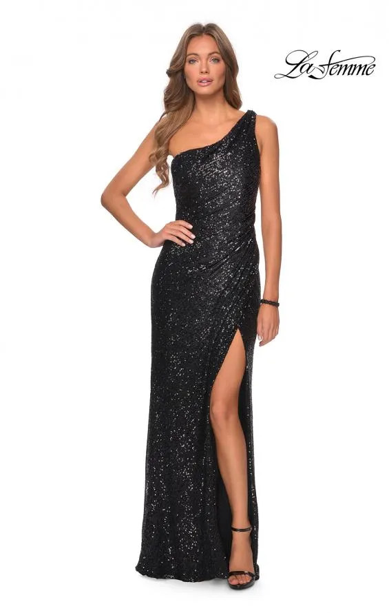 La Femme 28401 One Shoulder Sequin Ruched Dress