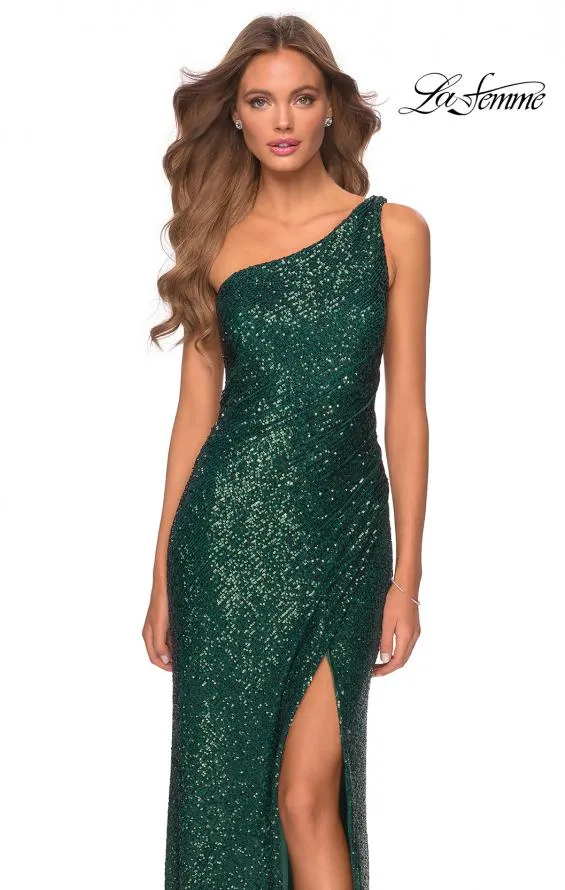 La Femme 28401 One Shoulder Sequin Ruched Dress