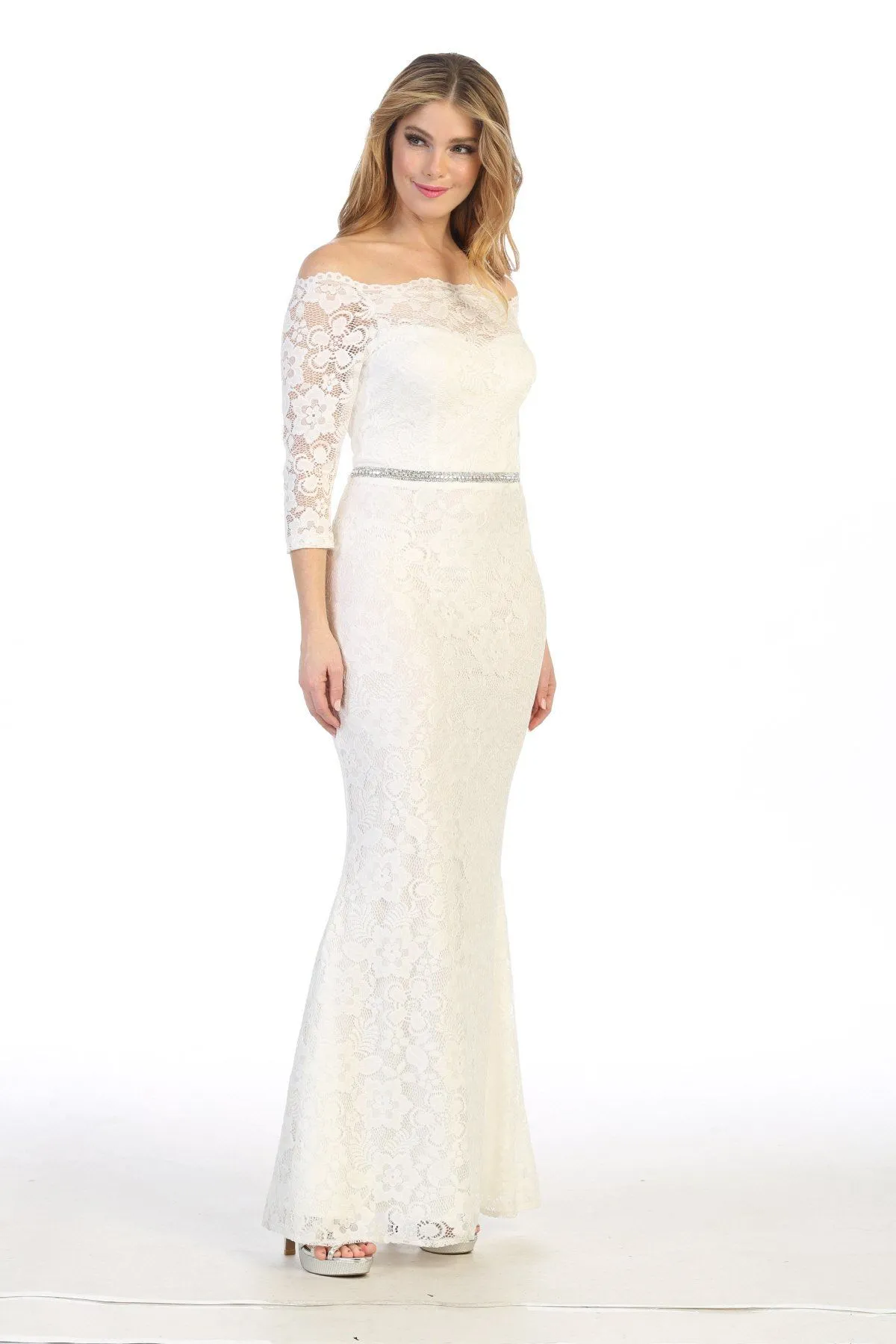 Long Off Shoulder Lace Dress with Beaded Waist by Celavie 6390L