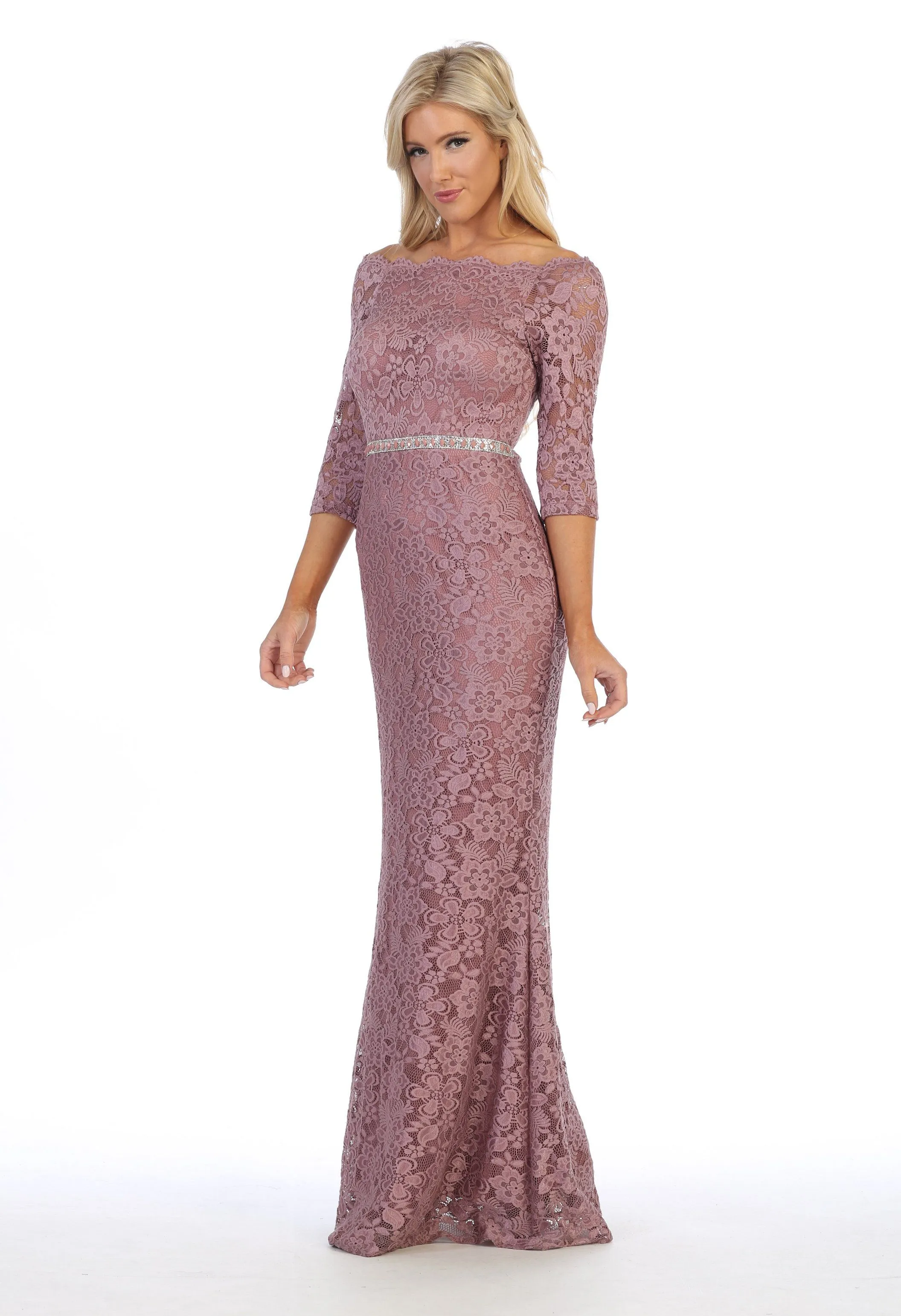 Long Off Shoulder Lace Dress with Beaded Waist by Celavie 6390L