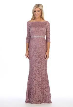 Long Off Shoulder Lace Dress with Beaded Waist by Celavie 6390L