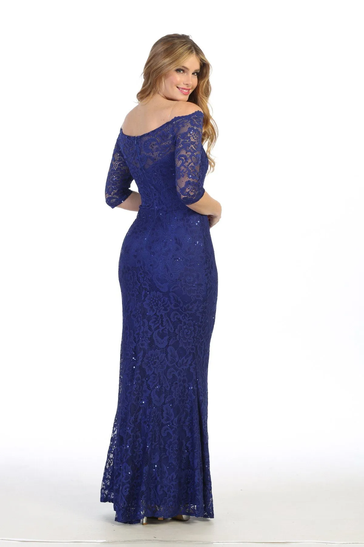 Long Off Shoulder Lace Dress with Beaded Waist by Celavie 6390L