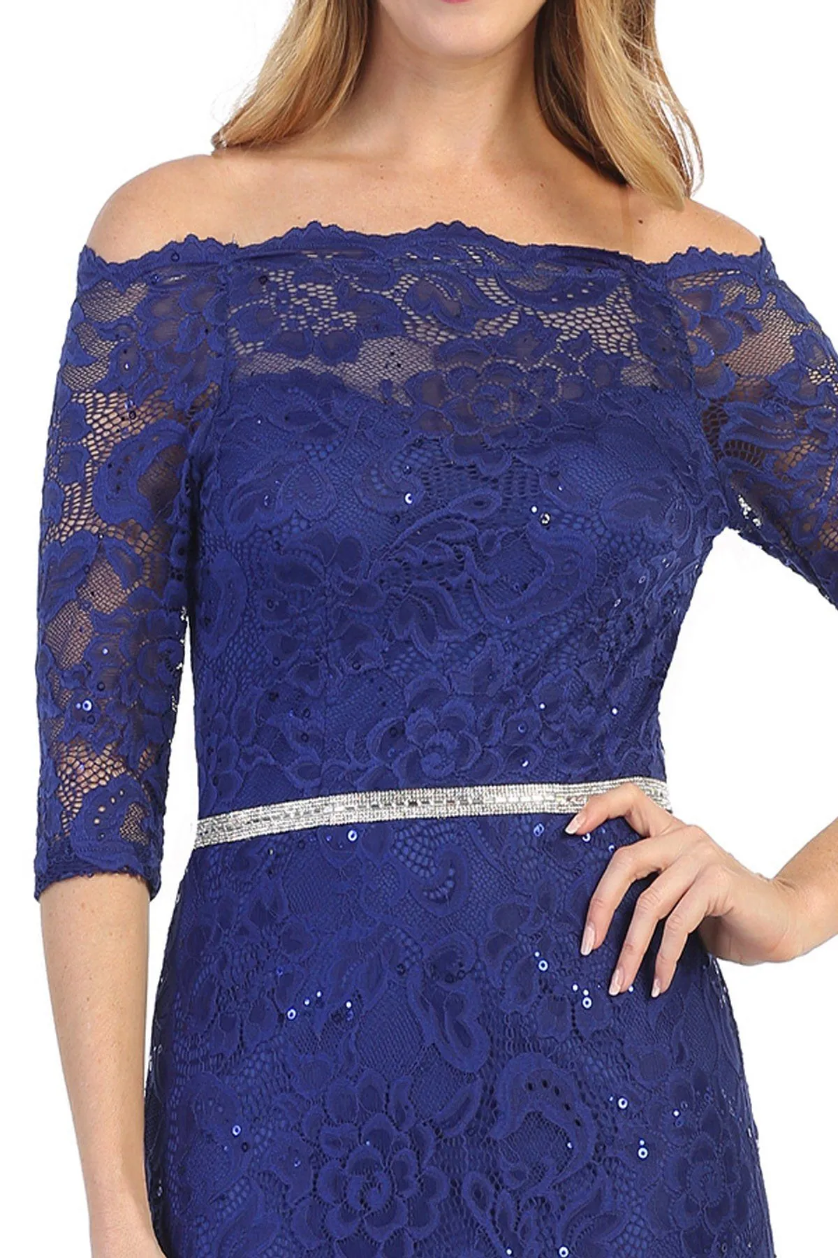 Long Off Shoulder Lace Dress with Beaded Waist by Celavie 6390L