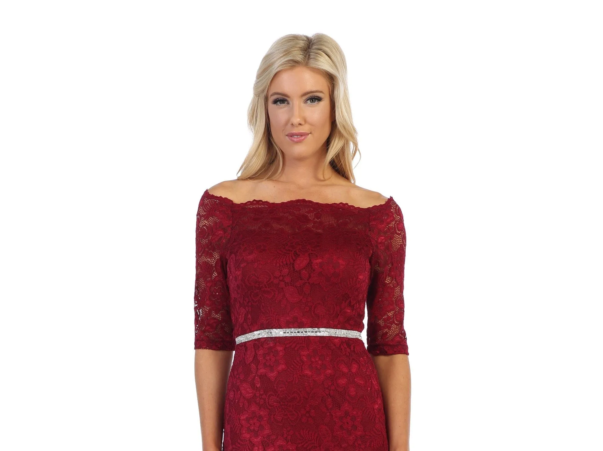 Long Off Shoulder Lace Dress with Beaded Waist by Celavie 6390L