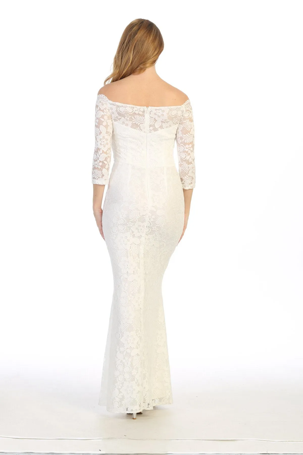 Long Off Shoulder Lace Dress with Beaded Waist by Celavie 6390L