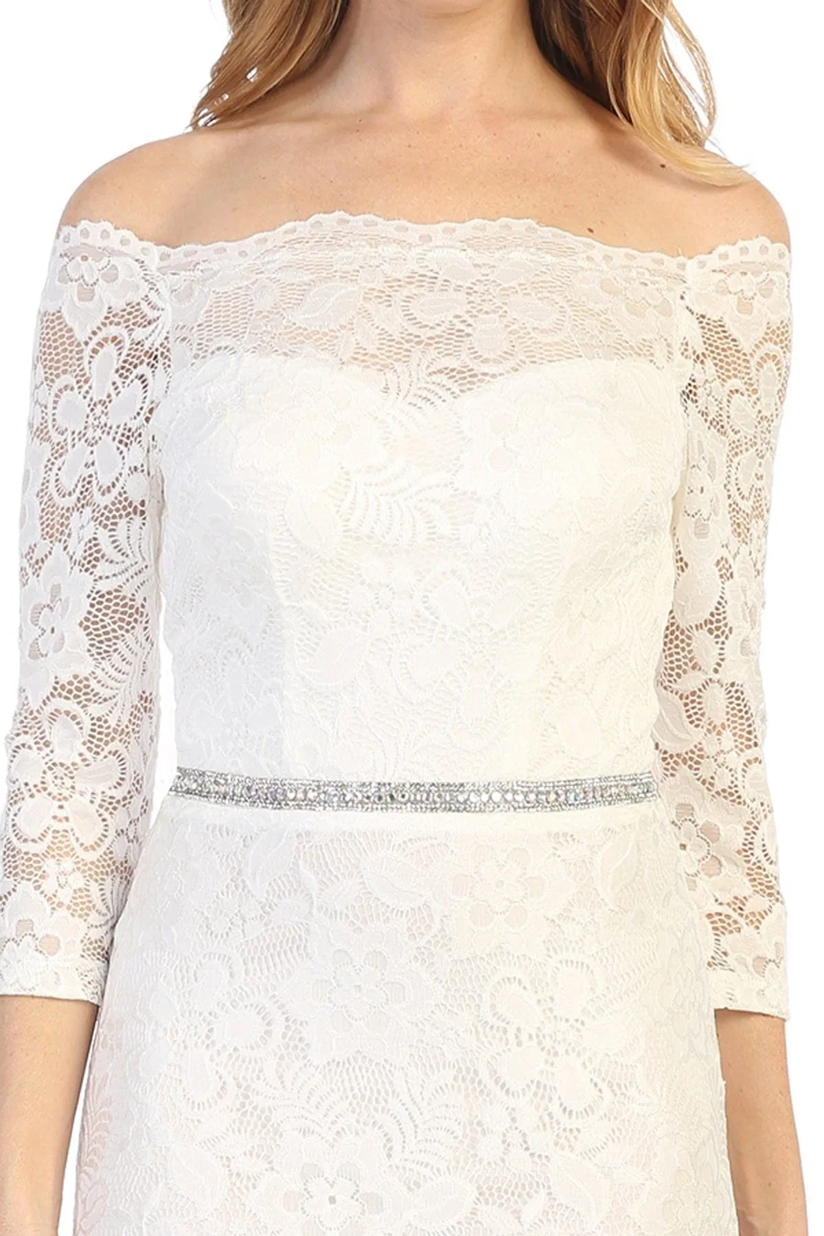 Long Off Shoulder Lace Dress with Beaded Waist by Celavie 6390L