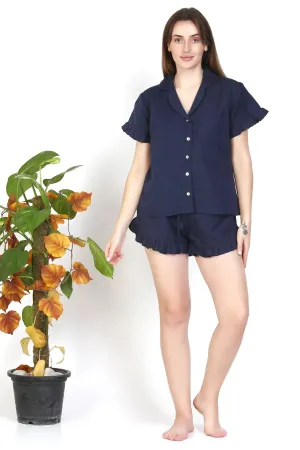 Navy Blue pjs Cotton Pajamas Short Set Short Sleeve Sleepwear with Pockets