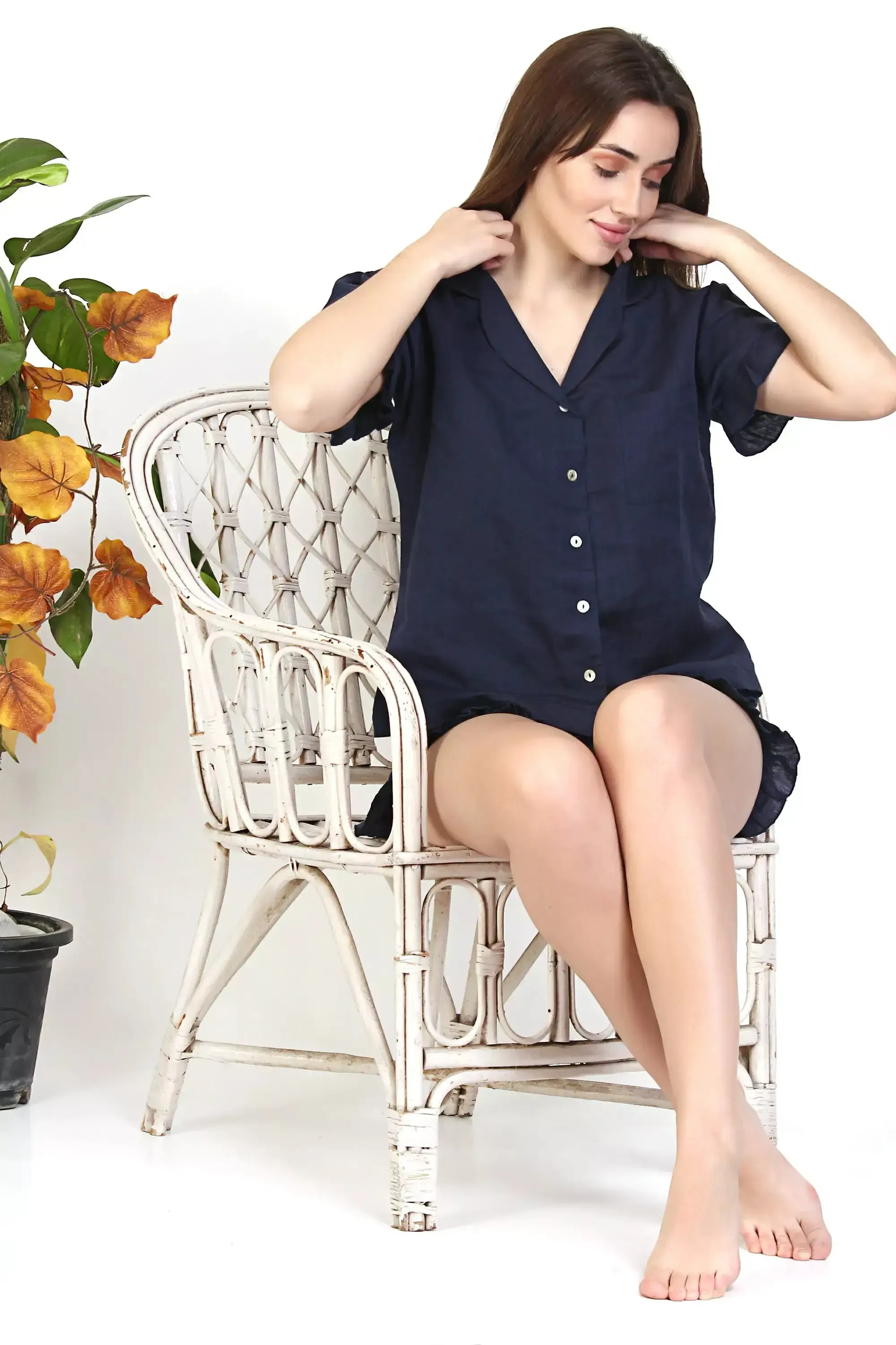 Navy Blue pjs Cotton Pajamas Short Set Short Sleeve Sleepwear with Pockets
