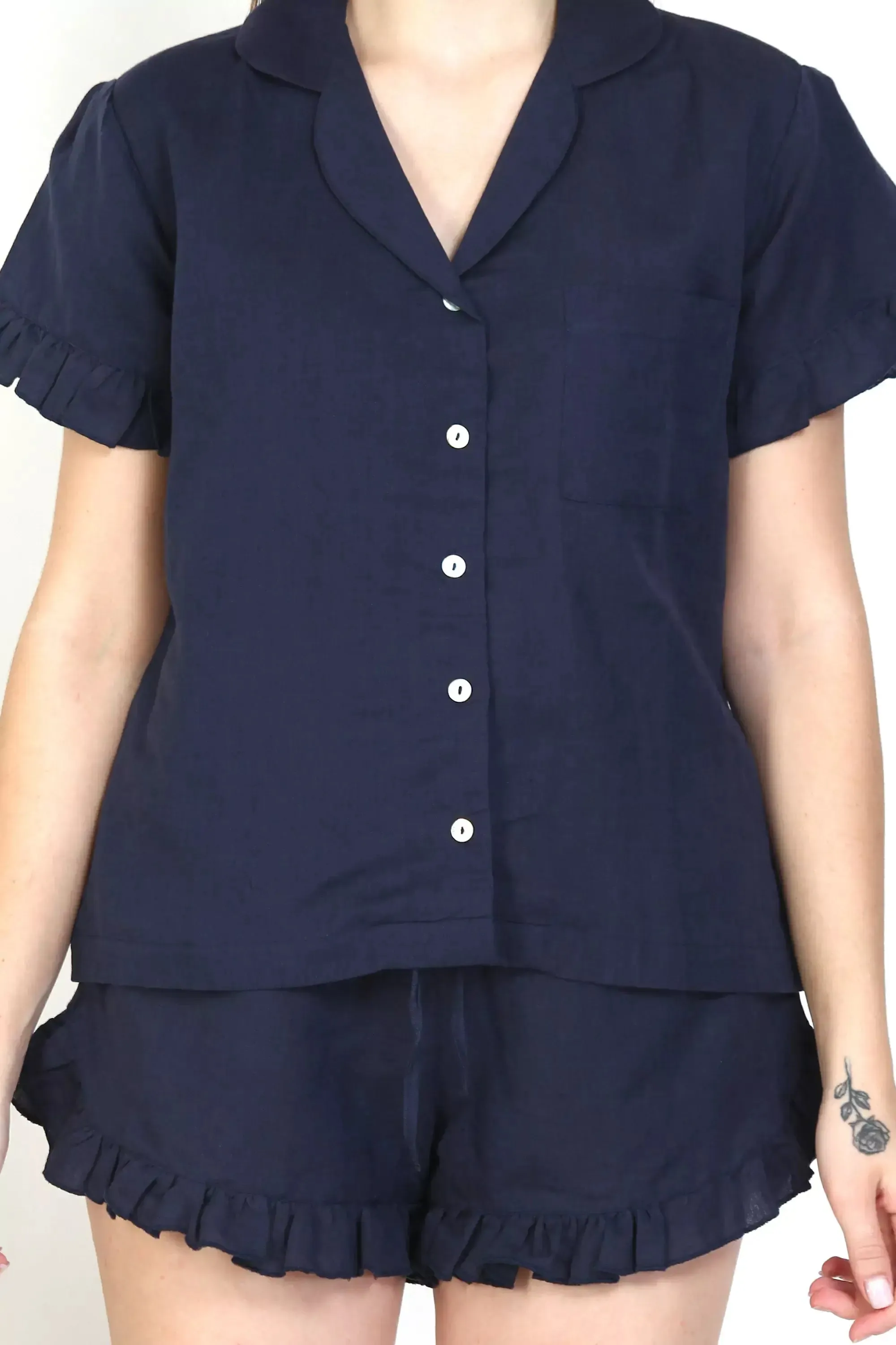 Navy Blue pjs Cotton Pajamas Short Set Short Sleeve Sleepwear with Pockets