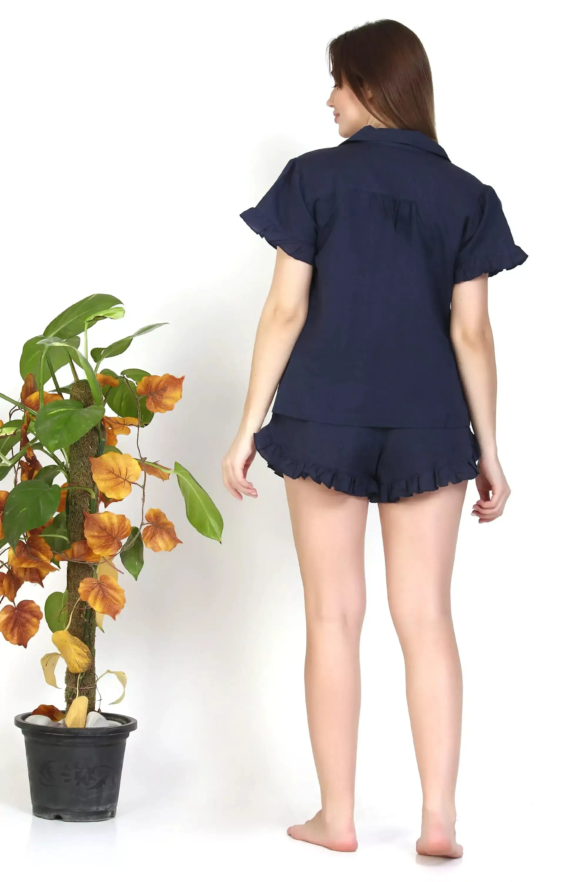Navy Blue pjs Cotton Pajamas Short Set Short Sleeve Sleepwear with Pockets