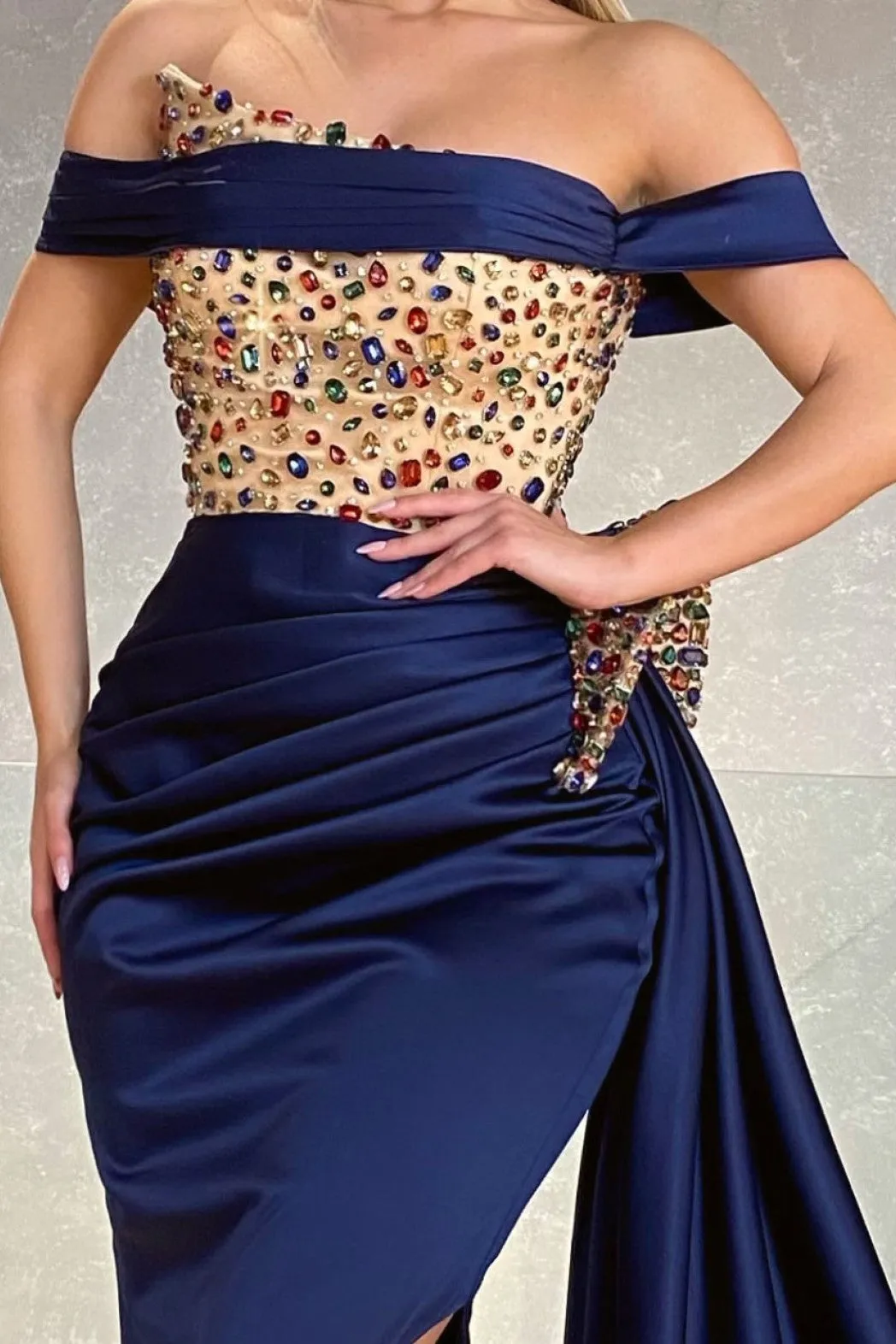 Off Shoulder Long Train Evening Gown