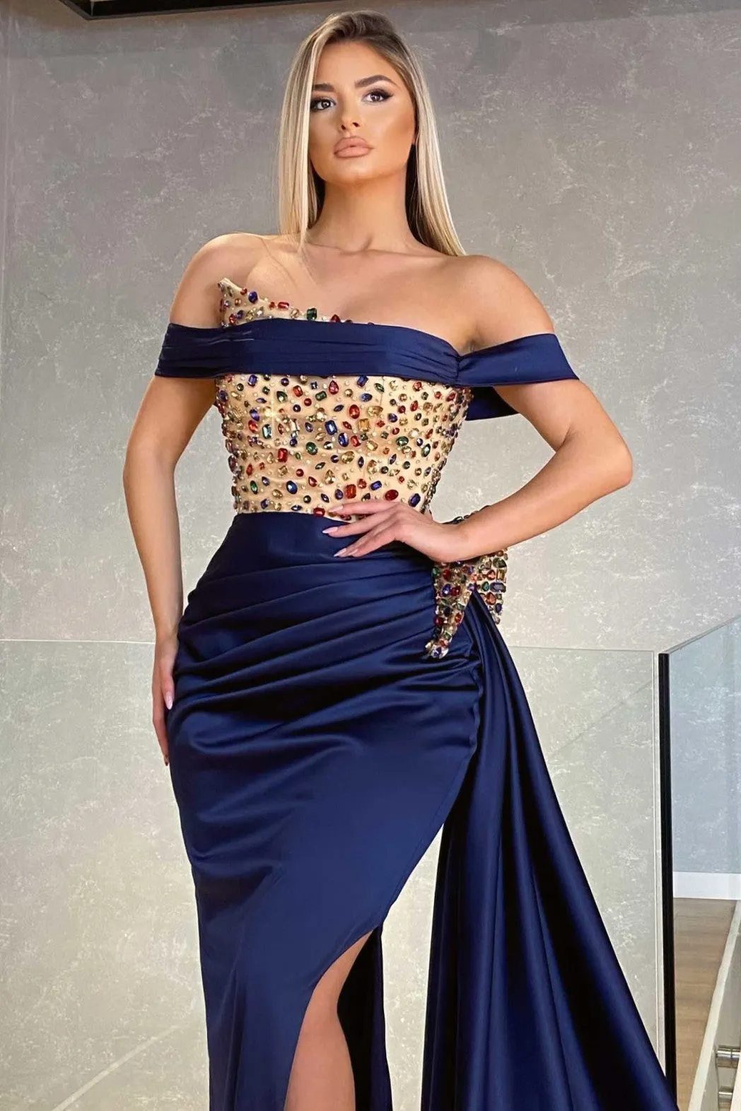Off Shoulder Long Train Evening Gown
