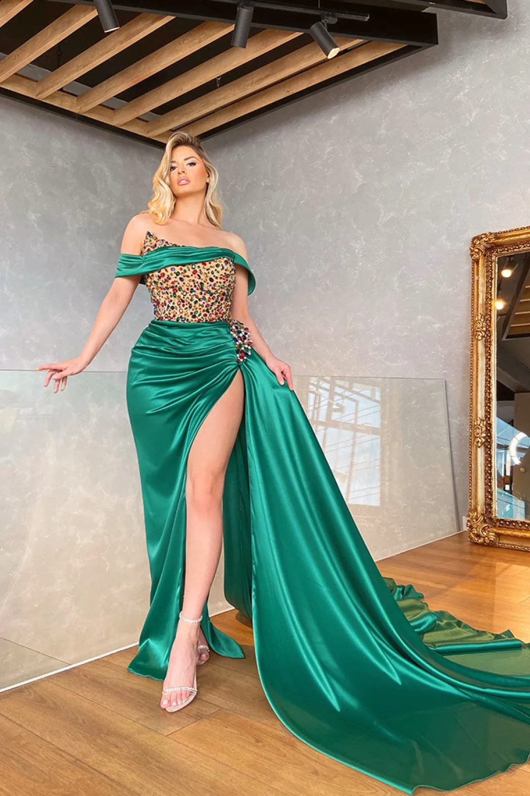 Off Shoulder Long Train Evening Gown