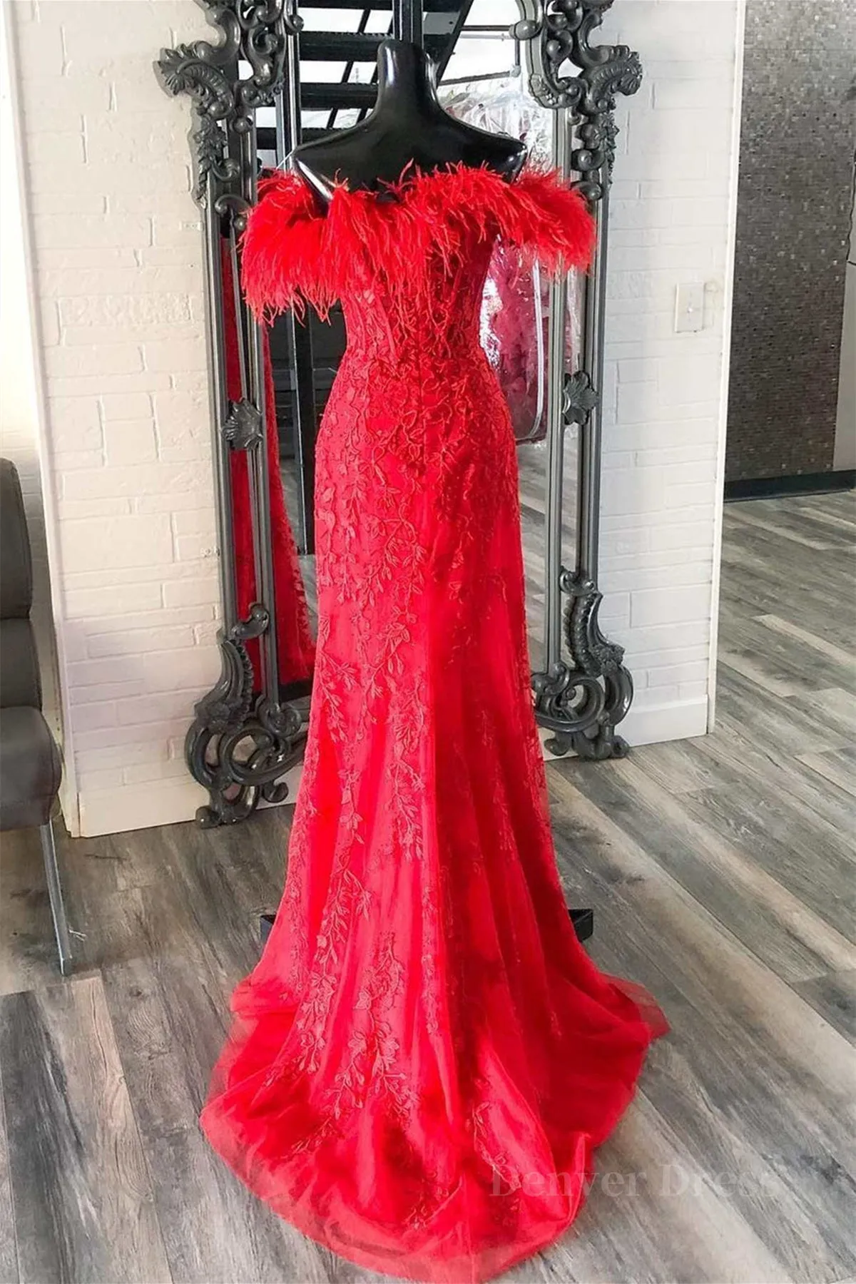 Off Shoulder V Neck Mermaid Red Lace Long Prom Dress with High Slit Mermaid Red Formal Dress Red Lace Evening Dress