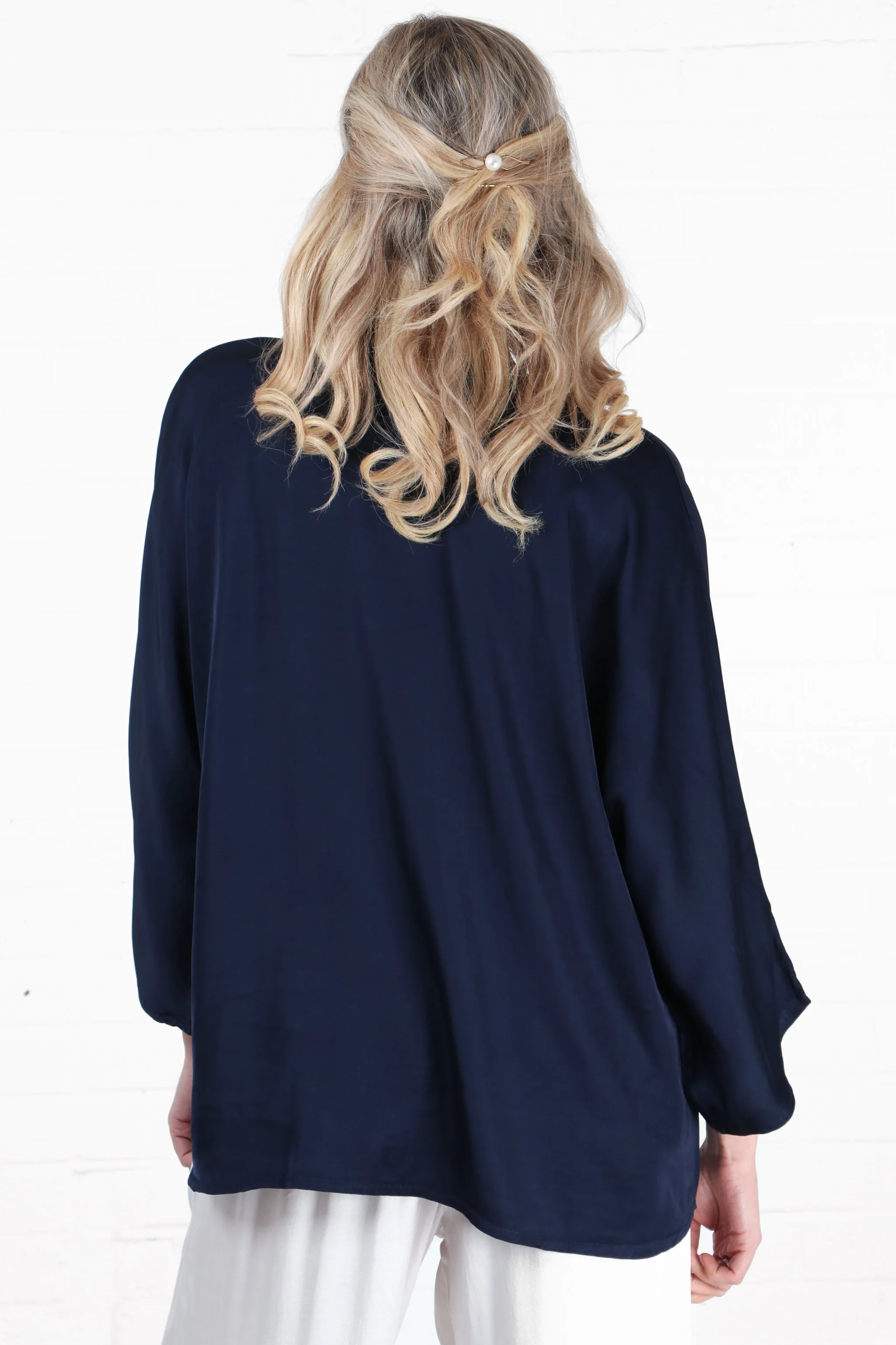 Oversized Button Down Silk Textured Blouse in Navy Blue