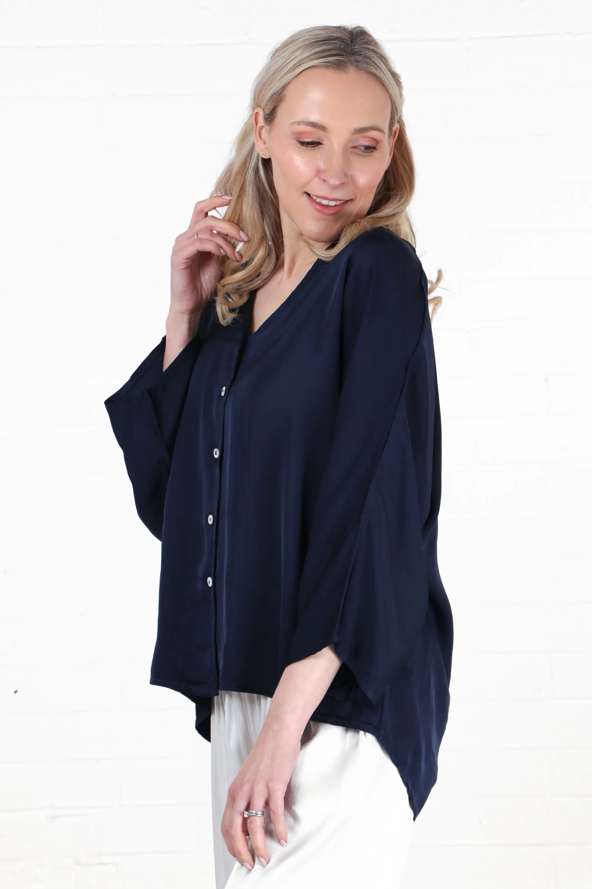 Oversized Button Down Silk Textured Blouse in Navy Blue