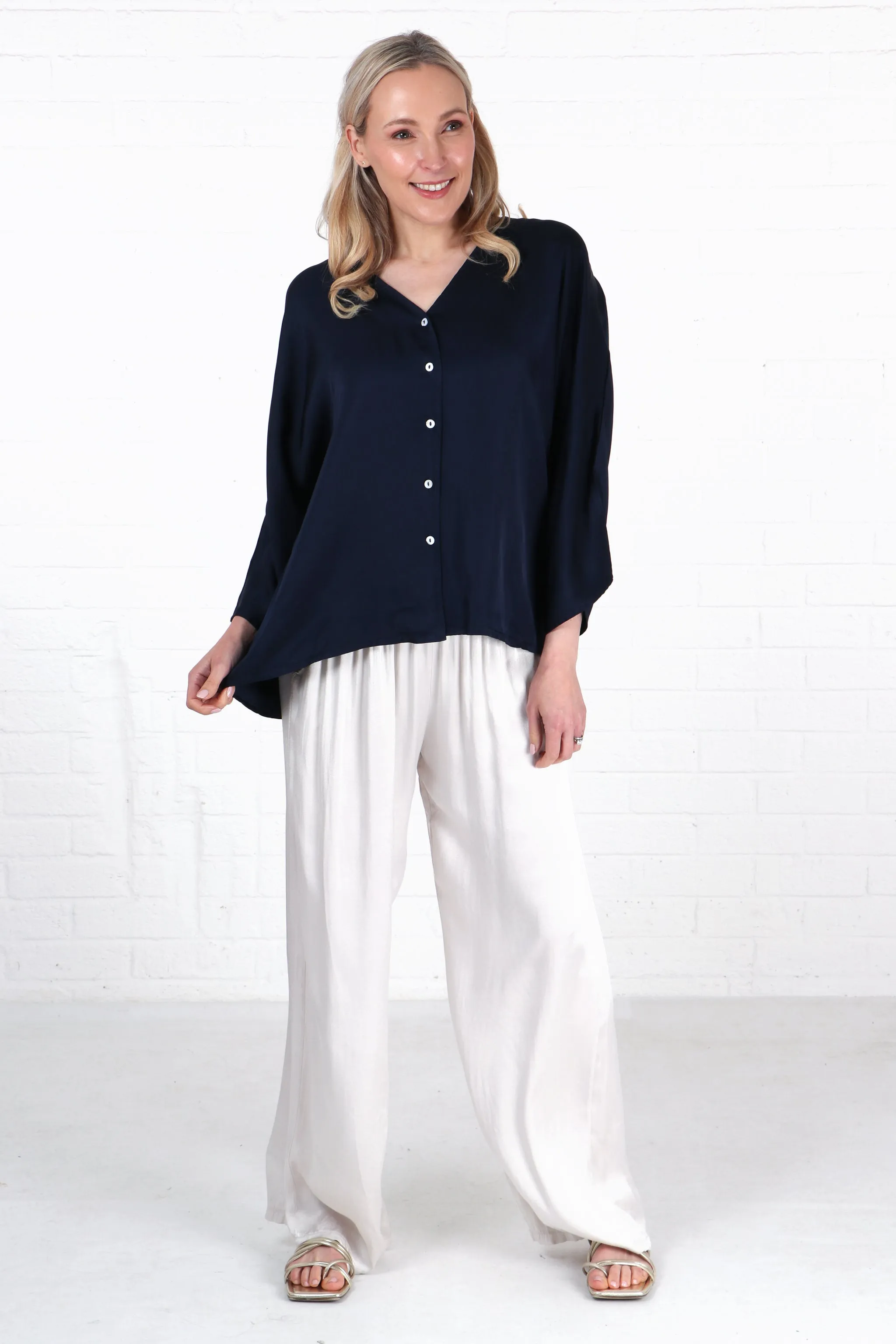 Oversized Button Down Silk Textured Blouse in Navy Blue