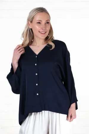 Oversized Button Down Silk Textured Blouse in Navy Blue