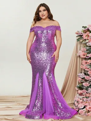 Plus Off Shoulder Sleeveless Mesh Insert Sequin Mermaid Dress