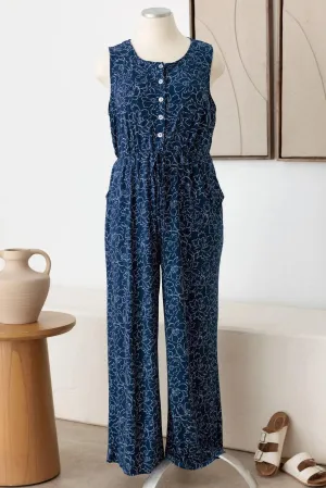 Plus Size Floral Drawstring Button Down Jumpsuit