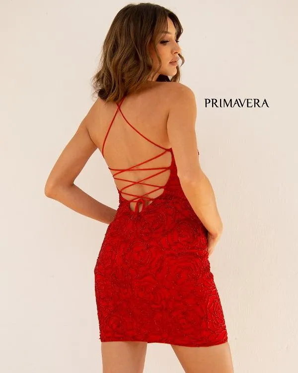 Primavera Couture 3558 Size 2 Pink Cocktail Dress Rosette Beaded Scoop Neckline Lace Up Tie Back