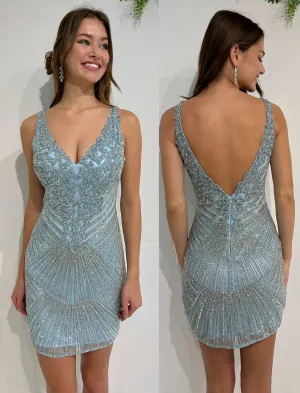 Primavera Couture 3829 Size 8 Powder Blue Short 2022 Homecoming Dress Fitted Sequin Cocktail Dress