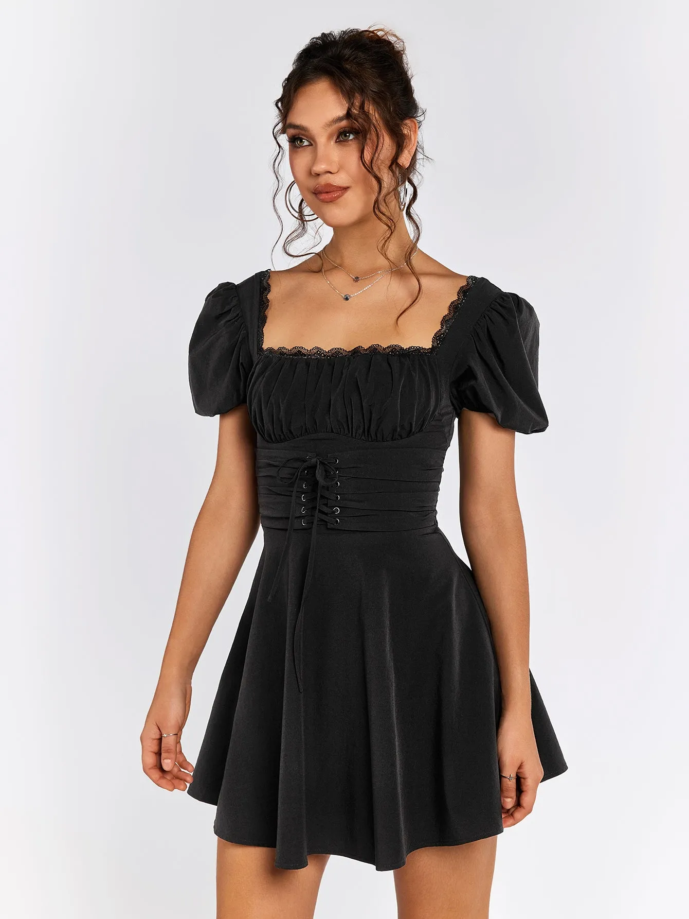 Puff Sleeve Lace Trim Backless Mini Dress
