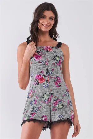 Purple & Multi Floral Print Sleeveless Square Neck Lace Trim Romper /1-2-2-1