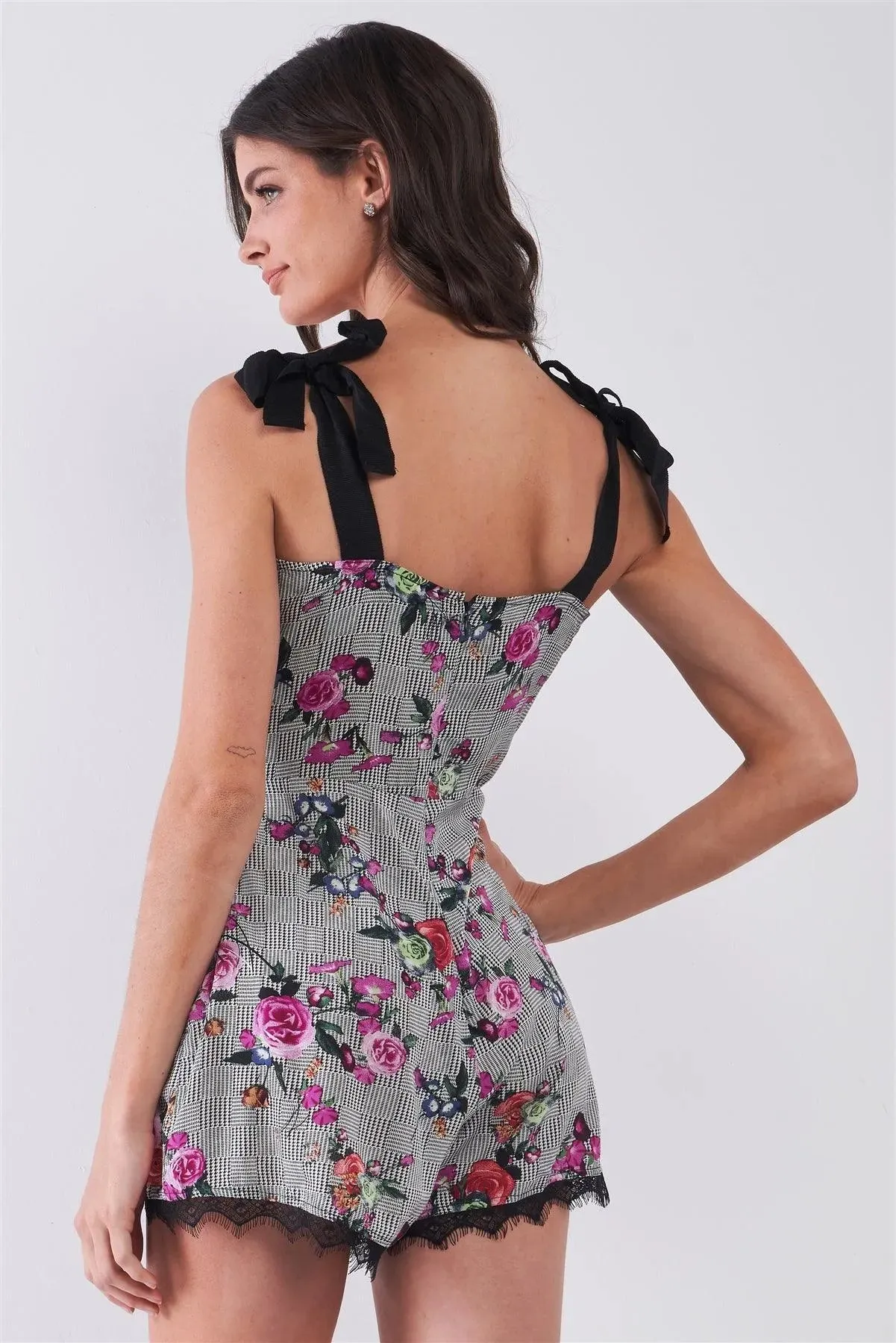 Purple & Multi Floral Print Sleeveless Square Neck Lace Trim Romper /1-2-2-1