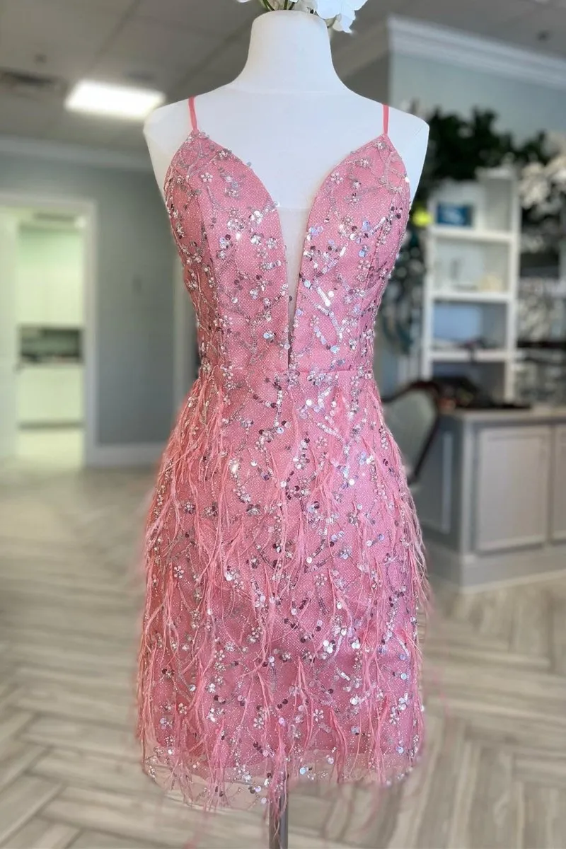 Romilly | Pink Tulle Sequin Plunge V Short Cocktail Dress with Feathers