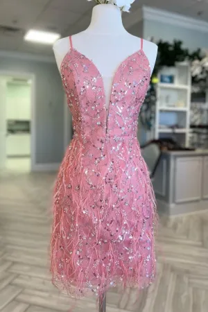 Romilly | Pink Tulle Sequin Plunge V Short Cocktail Dress with Feathers