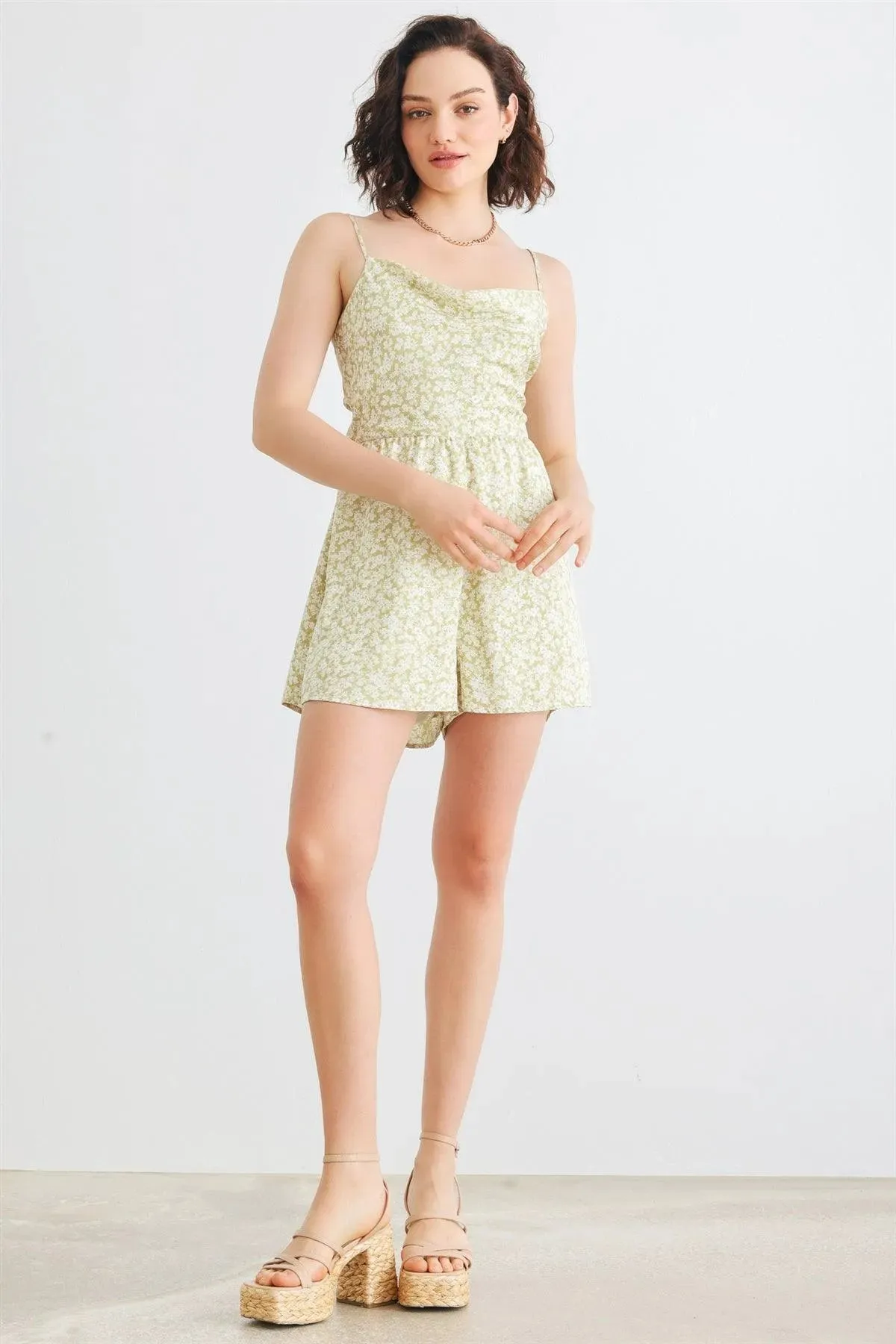 Sage & White Floral Satin Cowl Neck Tie Back Sleeveless Romper /3-2-1