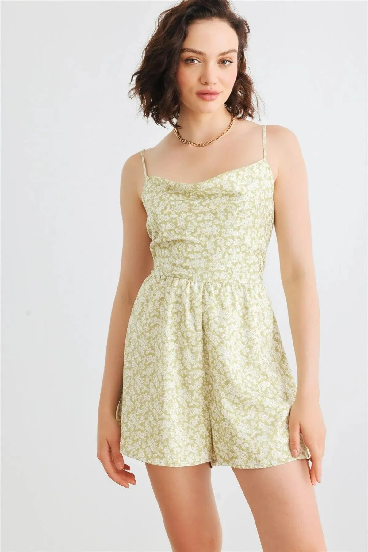 Sage & White Floral Satin Cowl Neck Tie Back Sleeveless Romper /3-2-1