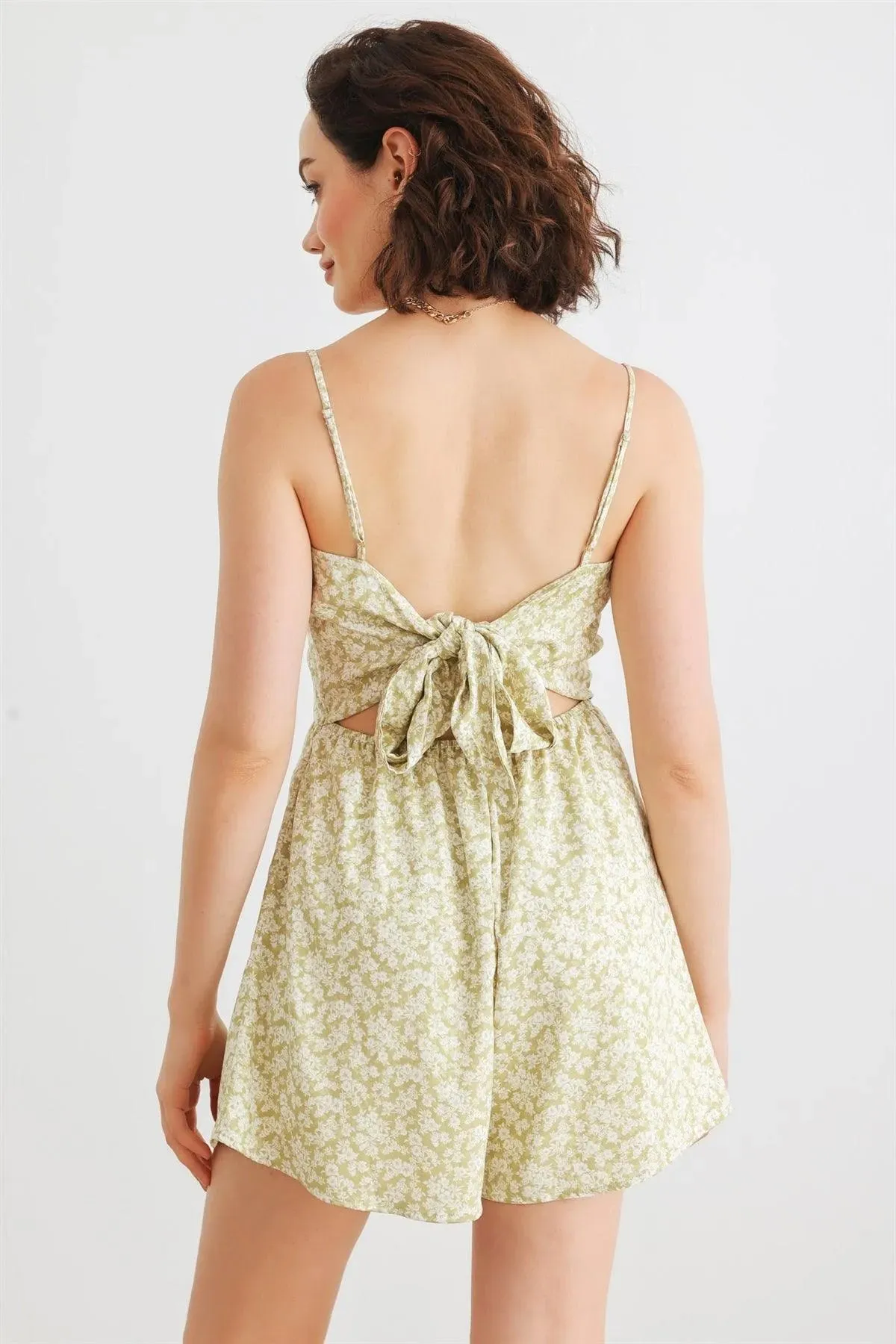 Sage & White Floral Satin Cowl Neck Tie Back Sleeveless Romper /3-2-1
