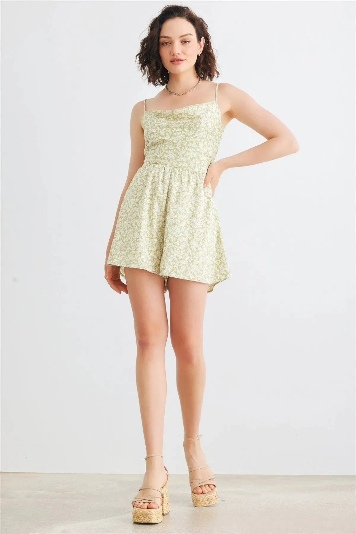Sage & White Floral Satin Cowl Neck Tie Back Sleeveless Romper /3-2-1