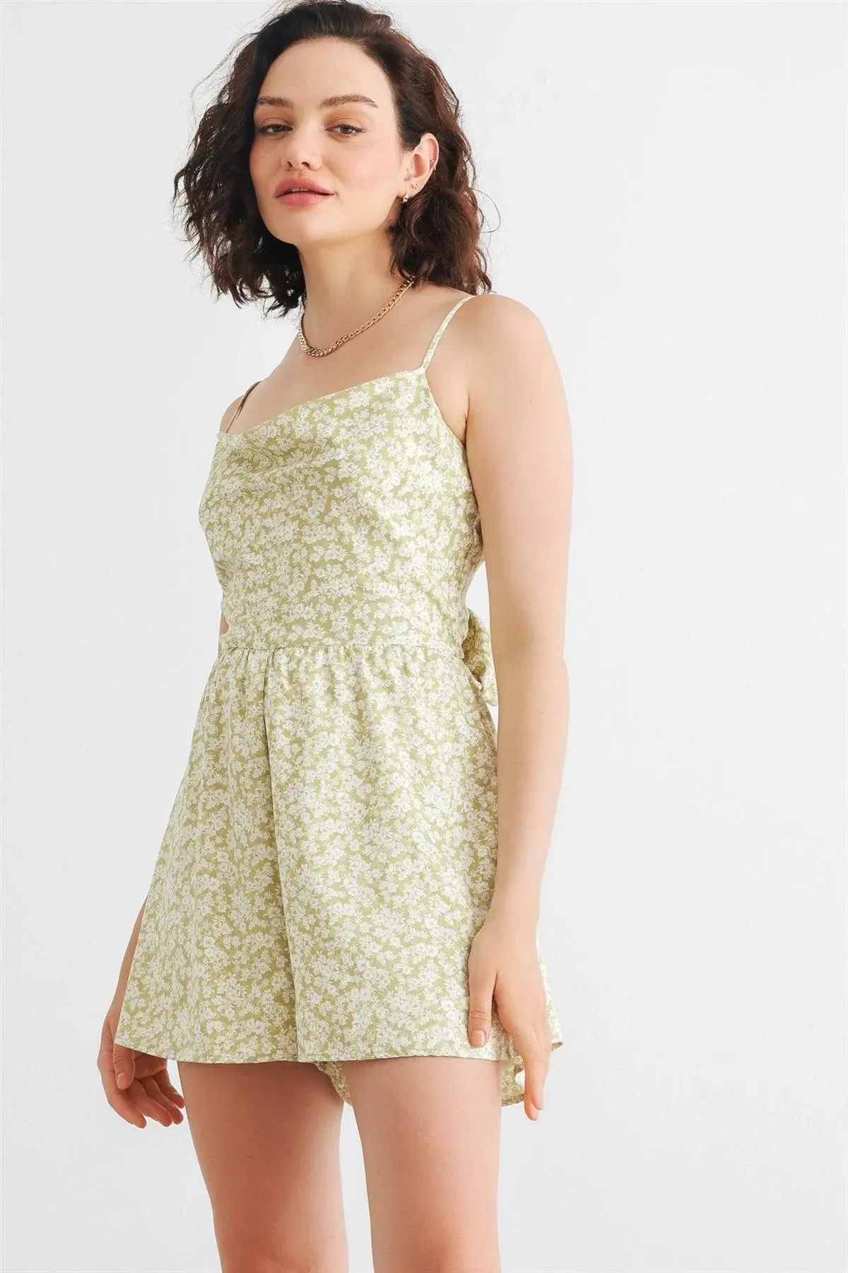 Sage & White Floral Satin Cowl Neck Tie Back Sleeveless Romper /3-2-1